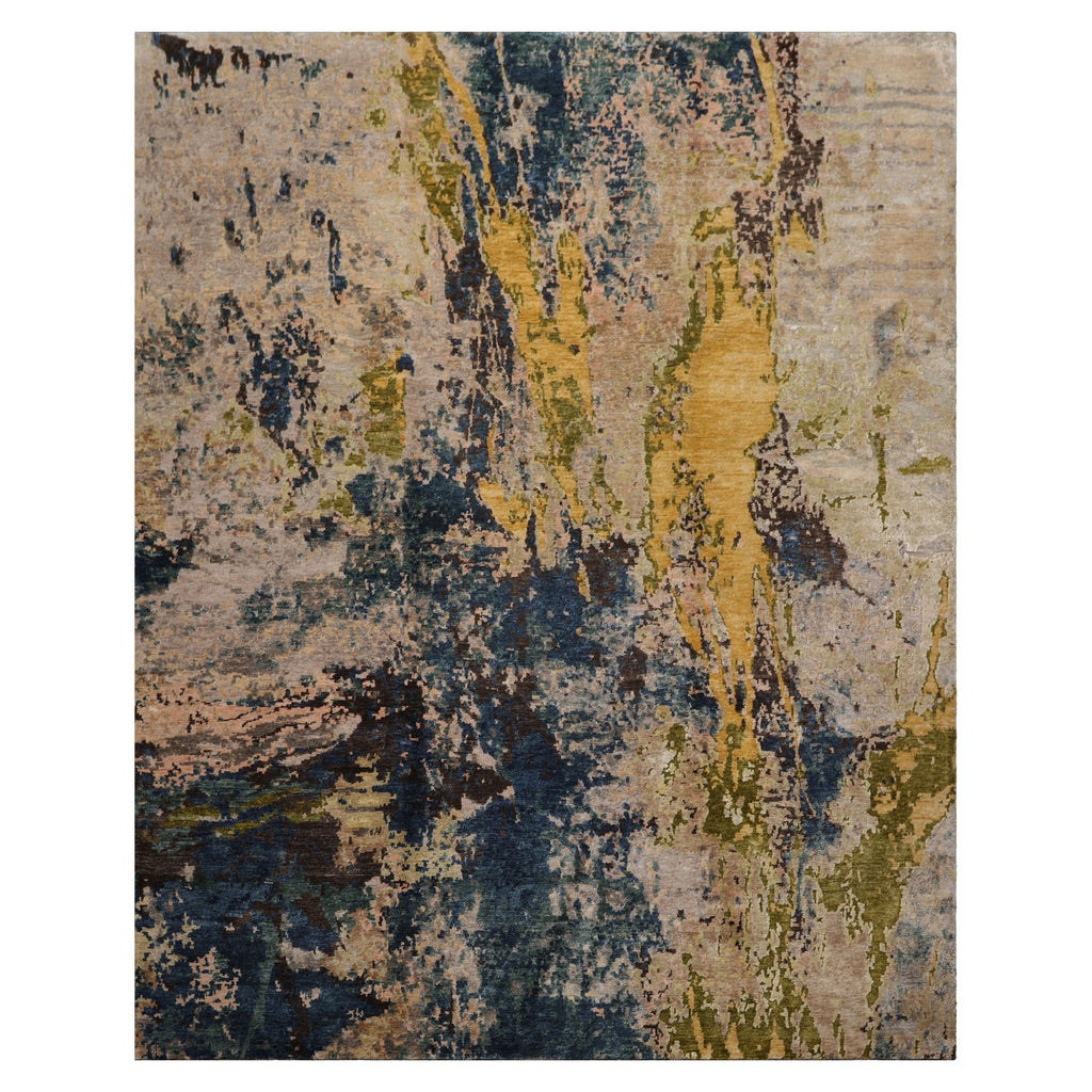 8x10 Beige, Blue, Gold Color Hand Knotted Sherpa Wool and Silk Modern Oriental Rug