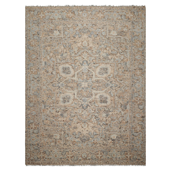 9x12 Beige, Tan, Brown Color Hand Knotted Embossed Look Wool and Silk Transitional Oriental Rug
