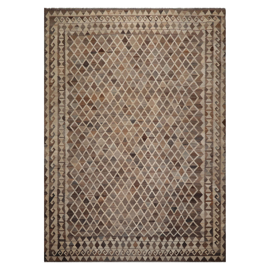 10x14 Ivory, Gray, Brown Color Hand Woven Flatweave Wool Southwestern Oriental Rug