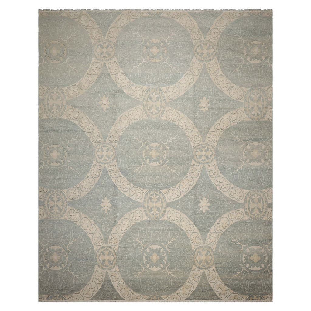 12x15 Ivory, Sea Foam, Color Hand Knotted All-Over Wool Transitional Oriental Rug