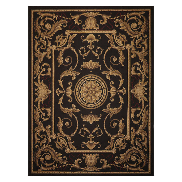 9x12 Chocolate, Gold, Brown Color Hand Woven French Aubusson Flatweave Wool Traditional Oriental Rug