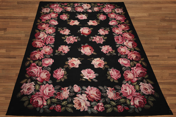 9x12 Black, Pink, Green Color Hand Woven French Aubusson Needlepoint  Wool Traditional Oriental Rug