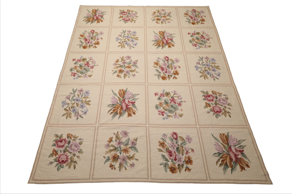 8x10 Ivory, Tan, Green Color Hand Woven French Aubusson Needlepoint  Wool Traditional Oriental Rug