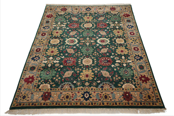 8x10 Green, Peach, Rose Color Hand Knotted Oushak New Zealand Wool Arts & Crafts  Oriental Rug
