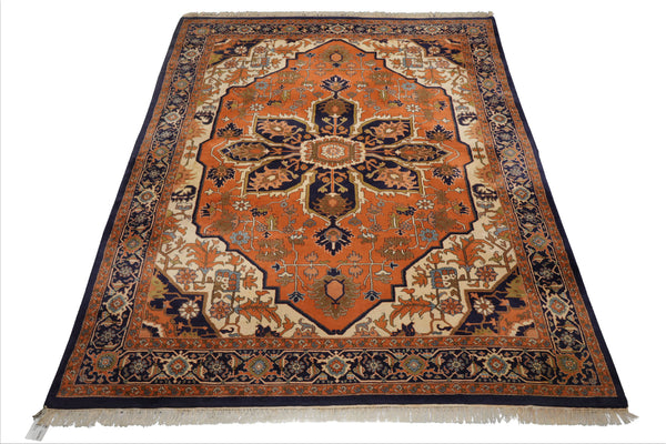 9x12 Muted Orange, Ivory, Navy Color Hand Knotted Heriz Wool Traditional  Oriental Rug