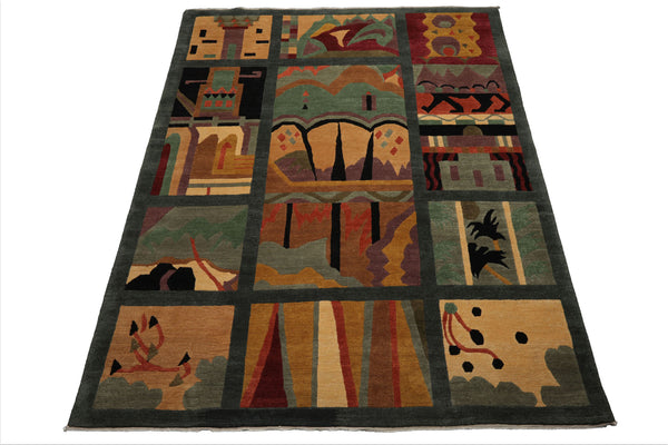 8x10 Teal, Peach, Gold Color Hand Knotted Tibetan Wool Arts & Crafts  Oriental Rug