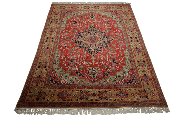 9x12 Coral, Tan, Navy Color Hand Knotted Heriz New Zealand Wool Traditional  Oriental Rug
