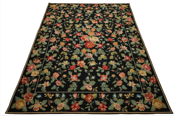 9x12 Black, Green, Orange Color Hand Woven Portugese Needlepoint Wool Traditional Oriental Rug