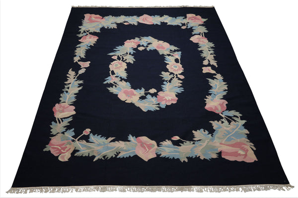 9x12 Navy, Rose, Ivory Color Hand Woven Kilim Wool Traditional Oriental Rug