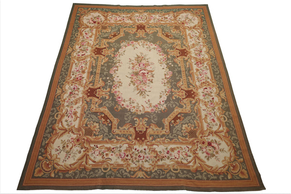 8x10 Ivory, Green, Gold Color Hand Woven Aubusson Needlepoint  Wool Traditional Oriental Rug