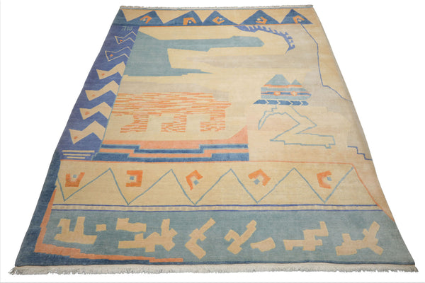 9x12 Ivory, aqua, Rose Color Hand Knotted Tibetan New Zealand Wool Art Deco Oriental Rug