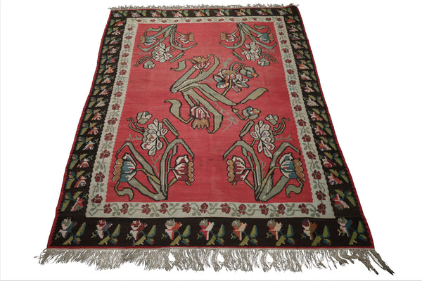 8x10 Crimson, Brown, Aqua Color Hand Woven Basberiyan Kilim Wool Transitional Oriental Rug