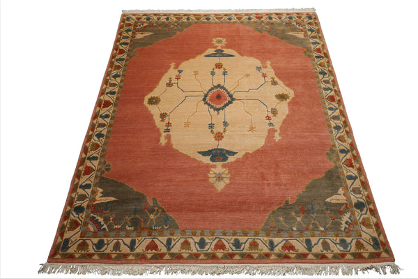 8x10 Rose, Ivory, Gray Color Hand Knotted Tibetan  Wool Traditional Oriental Rug