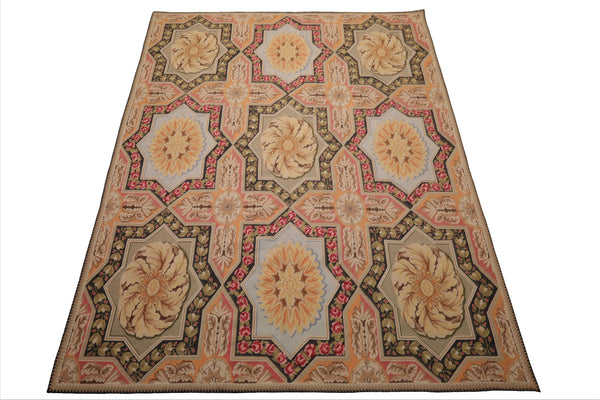 8x10 Sage, Gold, Pink Color Hand Woven Aubusson Needlepoint  Wool Traditional Oriental Rug