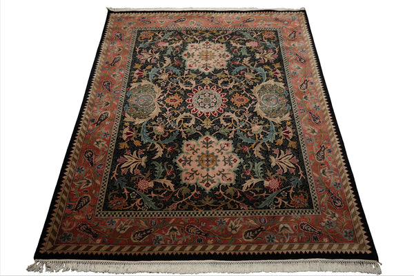 8x10 Black, Rose, Blue Color Hand Knotted French Aubusson Savonnerie New Zealand Wool Traditional  Oriental Rug