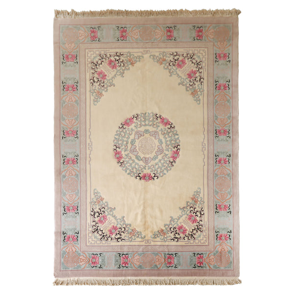 10x14 Ivory, Rose, Aqua Color Hand Knotted Aubusson Savonnerie Wool Traditional Oriental Rug