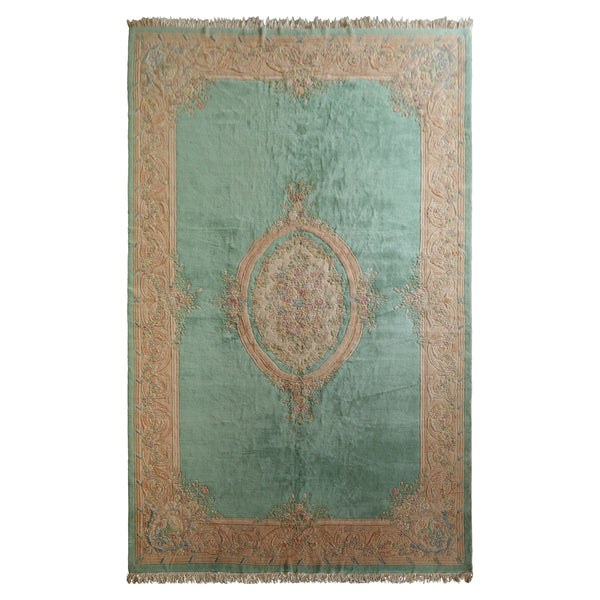 Oversize Sea Foam, Green, Light Peach Color Hand Knotted Aubusson Savonnerie Wool Traditional Oriental Rug