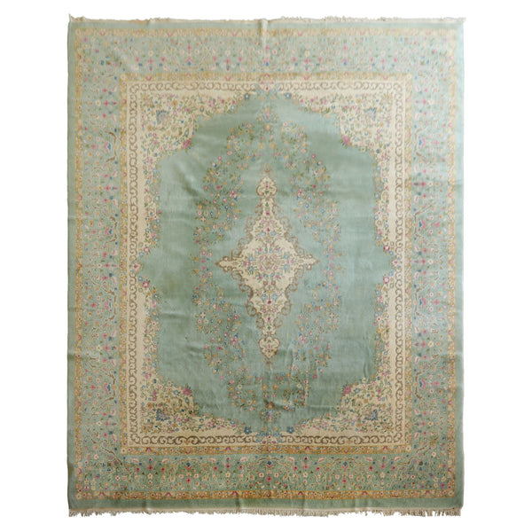 12x15 Sea Foam, Ivory, Brown Color Hand Knotted Kerman Silk Traditional Oriental Rug