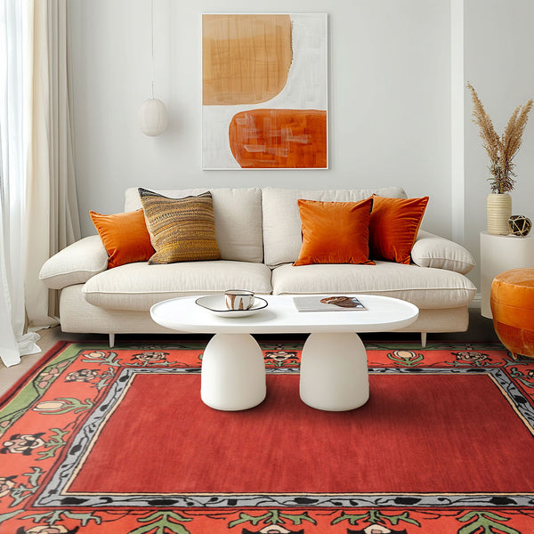 Multi Size Rosy-Red Sage Orange Color Hand Tufted William Morris Wool Traditional Oriental Rug