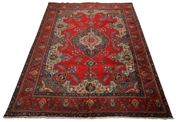 9x12 Red, Ivory, Aqua Color Hand Knotted Tabriz Wool Traditional Oriental Rug