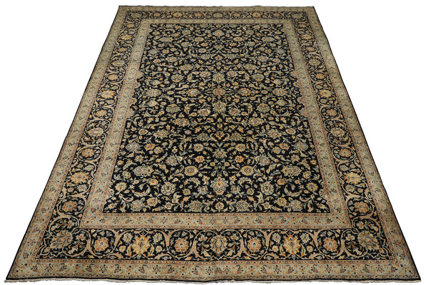 10x14 Black, Ivory, Mint Color Hand Knotted Kashan Wool Traditional Oriental Rug