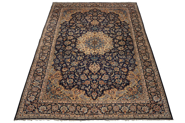 9x13 Navy, Ivory, Beige Color Hand Knotted Kashan Wool Traditional Oriental Rug