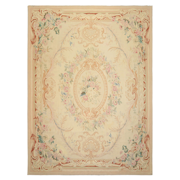 8x10 Ivory, Tan, Rose Color Hand Woven French Aubusson Wool Traditional Oriental Rug