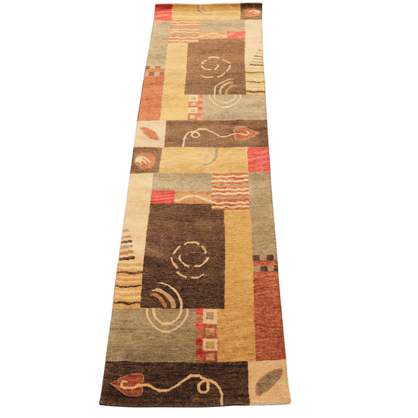 2'6x10 Gold, Brown, Rose Color Hand Knotted Tibetan New Zealand Wool Modern & Contemporary Oriental Rug