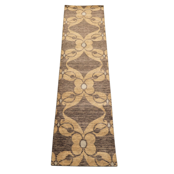2'6x10 Gray, Beige, Slate Color Hand Knotted Tibetan Wool Transitional Oriental Rug
