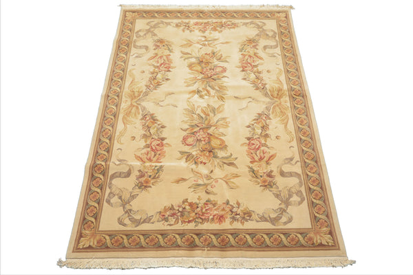 6x9 Ivory, Brown, Taupe Color Hand Knotted French Aubusson Savonnerie Wool & Silk Traditional Oriental Rug