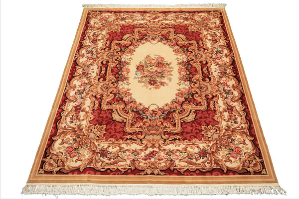 8x10 Ivory, Rose, Blush Color Hand Knotted French Aubusson Savonnerie Wool Traditional Oriental Rug