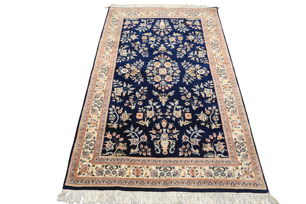 4x6 Navy, Ivory, Peach Color Hand Knotted Sarouk New Zealand Wool Traditional Oriental Rug