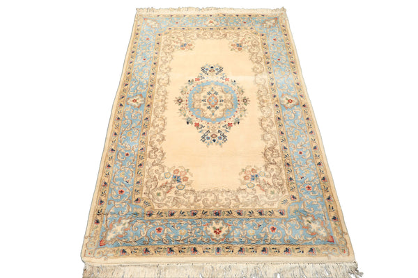 4x6 Ivory, Aqua, Tan Color Hand Knotted Indo Kerman Wool Traditional Oriental Rug