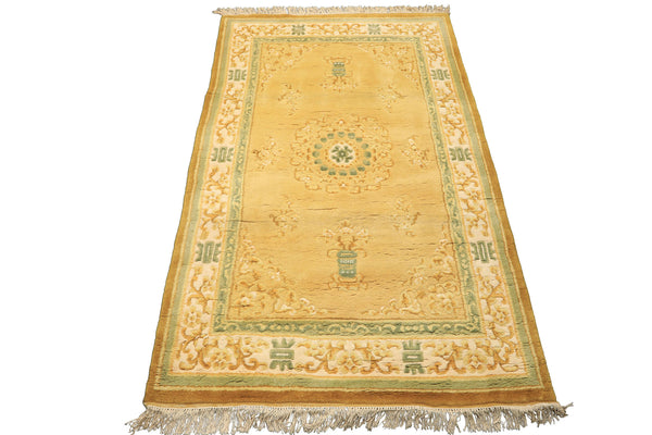 4x6 Gold, Ivory, Sage Color Hand Knotted Indo Tibetan Wool Traditional Oriental Rug