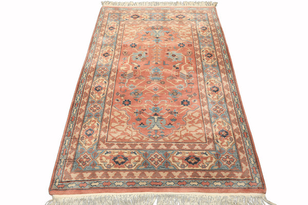 4x6 Blush, Turquoise, Beige Color Hand Knotted Heriz New Zealand Wool Traditional Oriental Rug