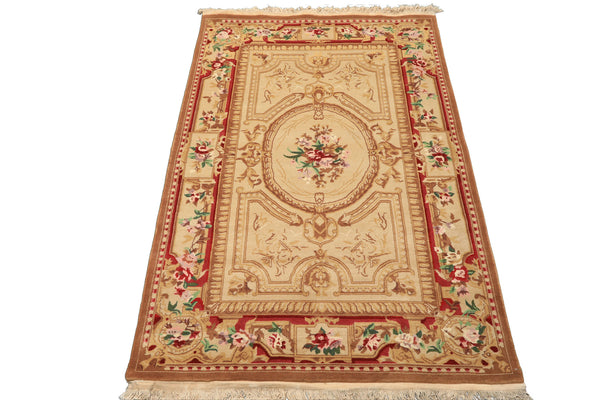 4x6 Beige, Brown, Rose Color Hand Knotted French Aubusson Savonnerie Wool Traditional Oriental Rug