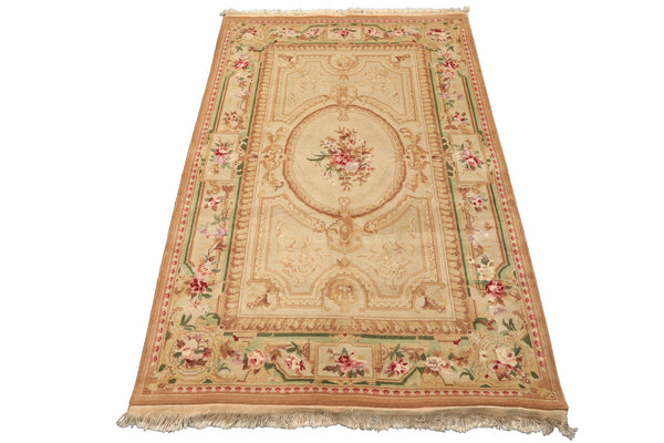 4x6 Beige, Tan, Brown Color Hand Knotted French Aubusson Savonnerie Wool Traditional Oriental Rug