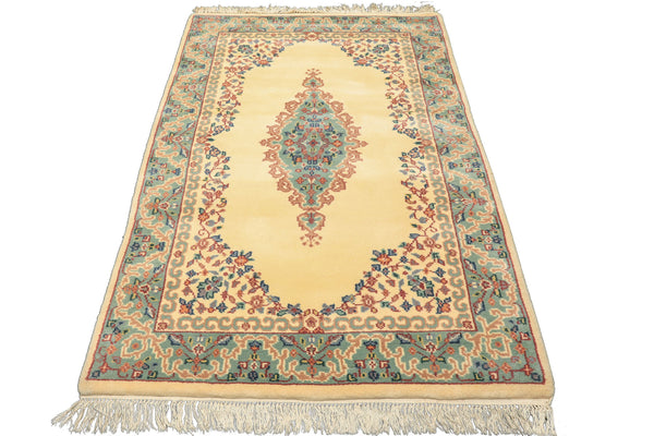 4x6 Ivory, Turquoise, Blush Color Hand Knotted Indo Kerman New Zealand Wool Traditional Oriental Rug