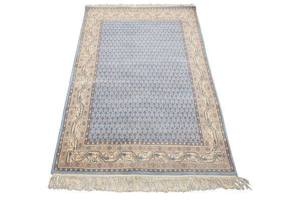 4x6 Blue, Ivory, Taupe Color Hand Knotted Boteh Wool Traditional Oriental Rug