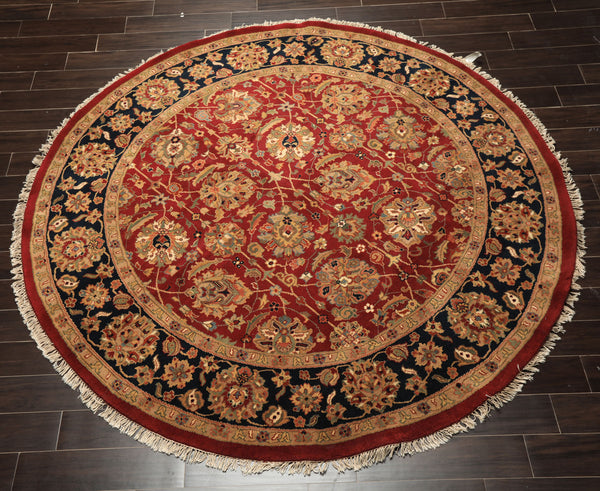 Round Red, Midnight Blue, Aqua Color Hand Knotted Agra Wool Traditional Oriental Rug