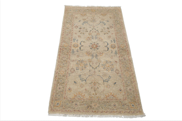 LoomBloom 3x5 Beige Afghan Hand-Knotted Wool Rug - Transitional Oushak Design