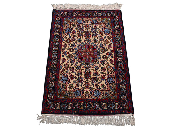 2x3 Beige, Navy, Red Color Hand Knotted Isfahan Wool & Silk Traditional Oriental Rug