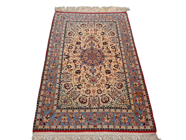 3x5 Ivory, Aqua, Blue Color Hand Knotted Isfahan Wool & Silk Traditional Oriental Rug