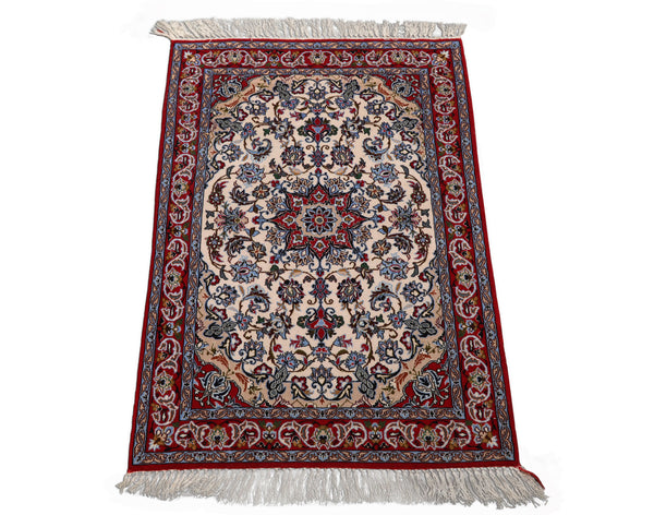 2x3 Ivory, Red, Blue Color Hand Knotted Isfahan Wool & Silk Traditional Oriental Rug