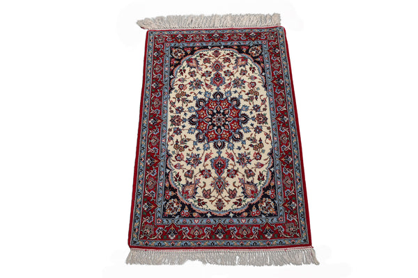 2x3 Ivory, Red, Blue Color Hand Knotted Isfahan Wool & Silk Traditional Oriental Rug