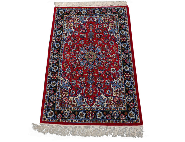 2x3 Red, Navy, Green Color Hand Knotted Isfahan Wool & Silk Traditional Oriental Rug