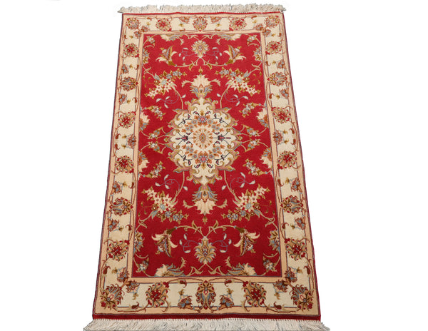 2x4 Rose, Ivory, Green Color Hand Knotted Tabriz Wool & Silk Traditional Oriental Rug
