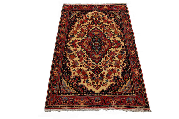 3x5 Ivory, Rust, Navy Color Hand Knotted Sarouk Wool Traditional Oriental Rug