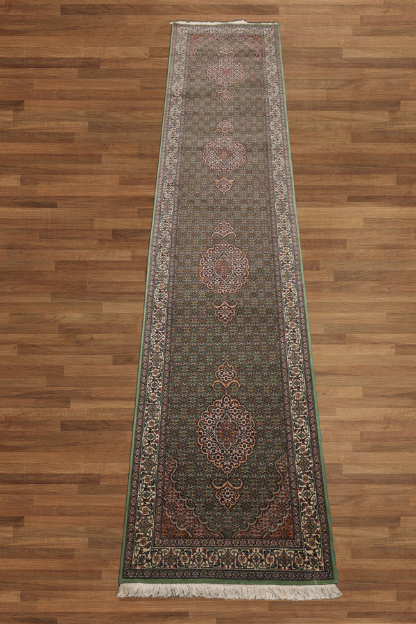 Runner Green, Ivory, Taupe Color Hand Knotted Tabriz Wool & Silk Traditional Oriental Rug