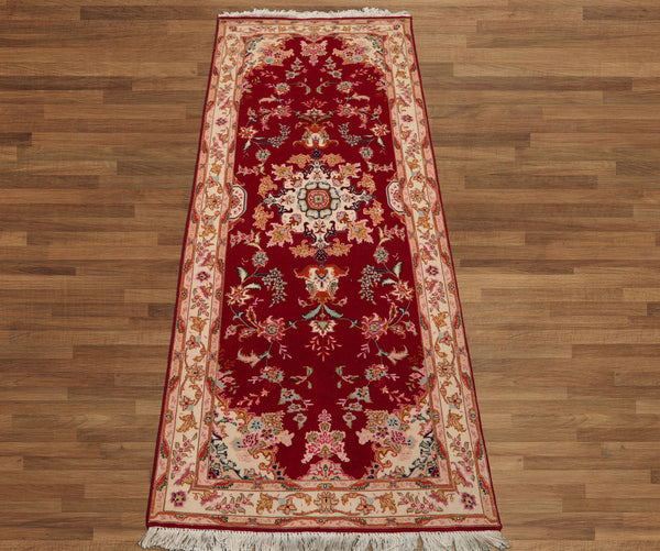 Runner Fuschia, Ivory, Pink Color Hand Knotted Tabriz Wool & Silk Traditional Oriental Rug